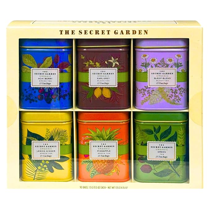 Organic Tea Sampler Gift Set 90 Bags in 6 Designer Tins Premium Assorted Flavors: Acai Berry, Earl Grey, Sleep Herbal, Lemon Ginger, Pineapple, Green Tea - Bloomnest