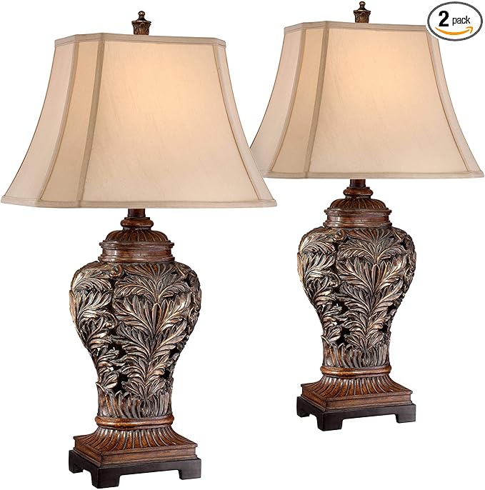 Barnes and Ivy Traditional Table Lamps 32.5" Tall Set of 2 Bronze Brown Carved Leaf Openwork Vase Tan Rectangular Shade Decor for Living Room Bedroom House Bedside Nightstand Home Office - Bloomnest