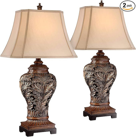 Barnes and Ivy Traditional Table Lamps 32.5" Tall Set of 2 Bronze Brown Carved Leaf Openwork Vase Tan Rectangular Shade Decor for Living Room Bedroom House Bedside Nightstand Home Office - Bloomnest