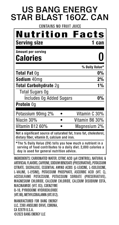 Bang Energy Star Blast, Sugar-Free Energy Drink, 16 Ounce (Pack of 12) - Bloomnest