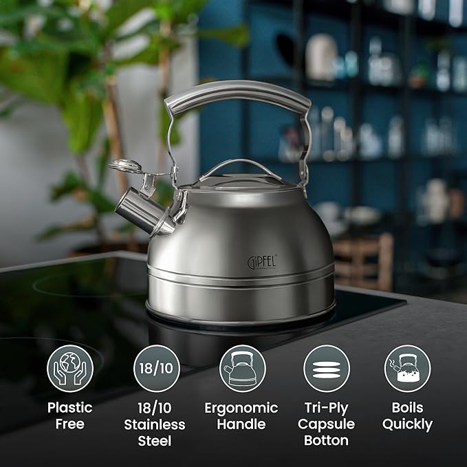 GIPFEL INTERNATIONAL Whistling Tea Kettle Stovetop - Food Grade Stainless Steel Teapot for Stove Top with Ergonomic Handle for Gas, Induction, Electric Stovetops 2.3 Quart - Bloomnest