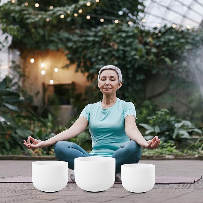 FMTY Perfect pitch(±10hz) Singing Bowl set of 3 7A+9F+11D Crystal Singing Bowl with Carrying Bag, Crystal Mallet, O-Ring Pure Quartz Crystal Sound Bowl (Set of 3, White) - Bloomnest
