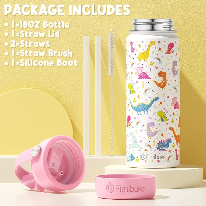 Fimibuke Kids Insulated Water Bottle, 18oz BPA FREE 18/8 Stainless Steel Kids Cup with Straw Travel Tumbler Double Wall Vacuum Leak Proof Toddler Water Bottle for School Boys Girls(1 Pack, Trucks) - Bloomnest