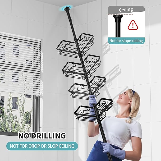KEGII Shower Caddy Corner Tension Pole with Toothbrush Holder - Adjustable Corner Shower Organizer with Tooth Brush Holder, No Drilling Rustproof Bathroom Shelf Storage Rack, Fits 25-114.2 Inch - Bloomnest