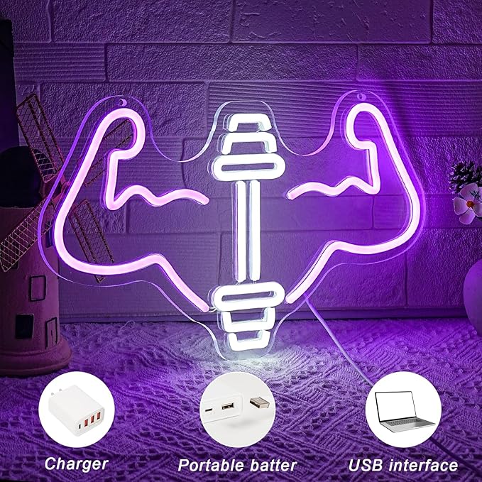Dumbbell Neon Sign Muscle Neon Light GYM Neon Light Sign for Gymmer Room Body Building Fitness Club Gymnastic Wall Art Decoration Gift for Athlete Boyfriend - Bloomnest