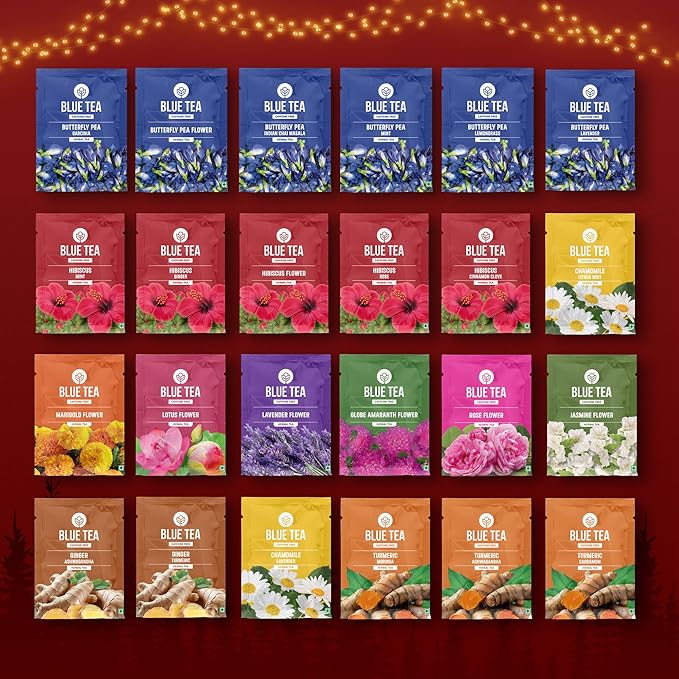 BLUE TEA - Advent Calendar 2025 (Blue) - 24 Tea Bags - Plant Based - 24 Unique Tea | Limited Edition | Sampler & Variety Pack | Caffeine Free - Herbal Tea - Christmas Holiday Unique Advent Calendar Tea Gift Set | Gift Idea for Men and Women - Bloomnest