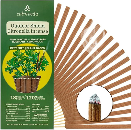 Natural Citronella Incense Sticks Outdoor - (18 Sticks, 40 hrs Protection) for Safety on Patio, Camping etc | DEET Free, Powered with Indian Neem & Essential Oils