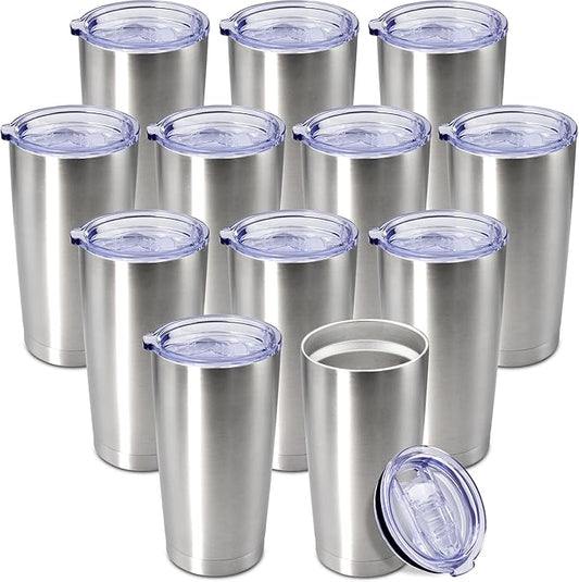 20 oz Tumbler Coffee Travel Tumblers Bulk with Lid Stainless Steel Double Wall Vacuum Insulated Mug Powder Coated Cups fit Car Cupholder for Hot and Cold - Stainless Steel, 12Pack