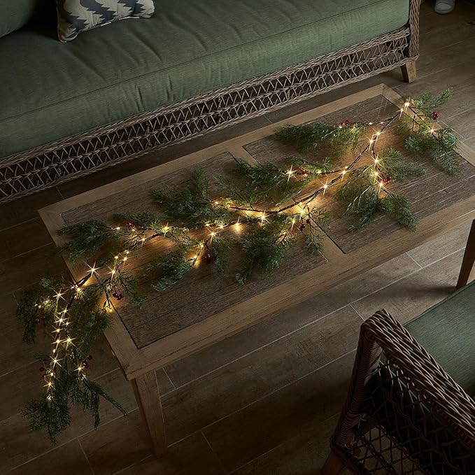 Birchlitland Christmas Garland with Lights Cadar Lighted Garland Battery Operated with Timer or USB Light 6FT 80 LED Fairy Lights, Faux Vine with Lights for Mantel Fireplace and Holiday Decor - Bloomnest