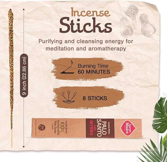 Sagrada Madre 8pcs Wildly Harvested Thick Palo Santo Incense Sticks (Myrrh), 9” Long - Eco Friendly, Non-Toxic, Aromatic Incense Sticks (1hr Burning Time) to Heal & Calm Your Body and Environment SagradaMadre