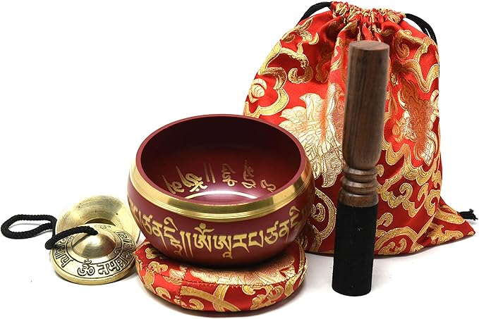 5" Tibetan Meditation Yoga Singing Bowl Set with free Om Tingsha cymbals,wooden Mallet Silk Cushion and Carry bag from Nepal, Singing bowls. TM+THAMELMART+FOR+BEAUTIFUL+MINDS