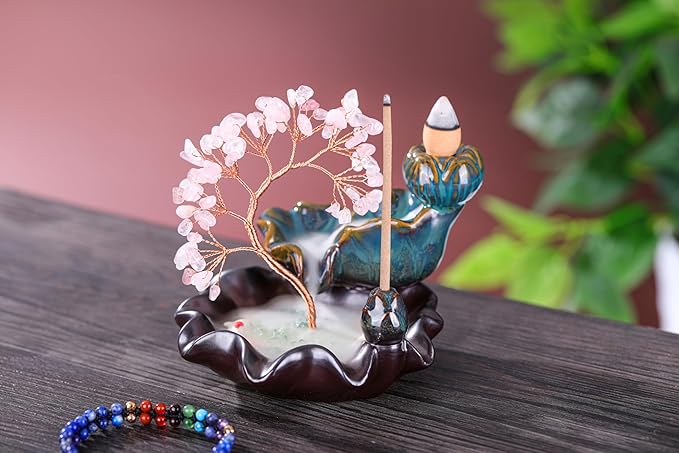 Jovivi Backflow Incense Burner Ceramic Incense Waterfall, Natural Rose Quartz Healing Crystal Money Tree Incense Holder for Wealth, Good Luck, Yoga Meditation, Home Decor - Bloomnest