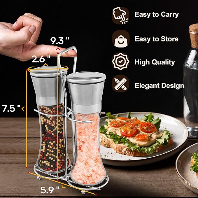 Salt and Pepper Grinder Set - Stainless Steel Refillable Salt & Peppercorn Shakers (2.6"W x 7.5"H - 2 Pack with Holder) - Bloomnest