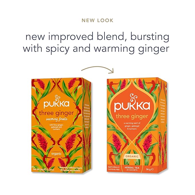Pukka Three Ginger Organic Herbal Tea, Digestion-Aiding Infusion With Ginger, Turmeric, and Galangal, Tea Gift Set Ideal After Meals, Caffeine Free, 20 Total Bags