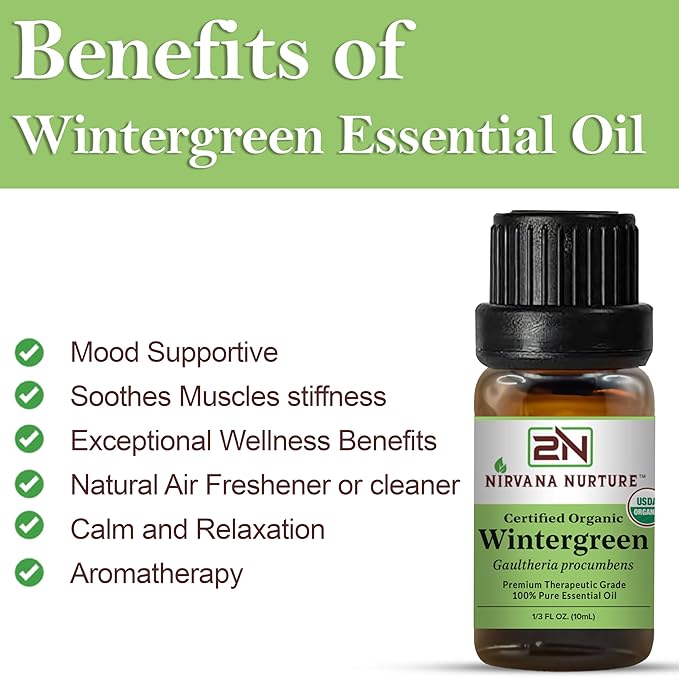 Wintergreen Essential Oil, USDA Certified Organic, 100% Pure Undiluted, Aromatherapy Oil for Diffuser, Hair & Skin Care NirvanaNurture