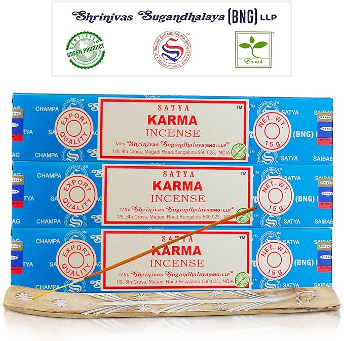 Satya Karma Incense Sticks, Satya Bng (Bangalore) Insenses 15gmx3 Pack with Raajsee Incense Holder Bundle, Satya Nagchampa Natural Incense - Bloomnest