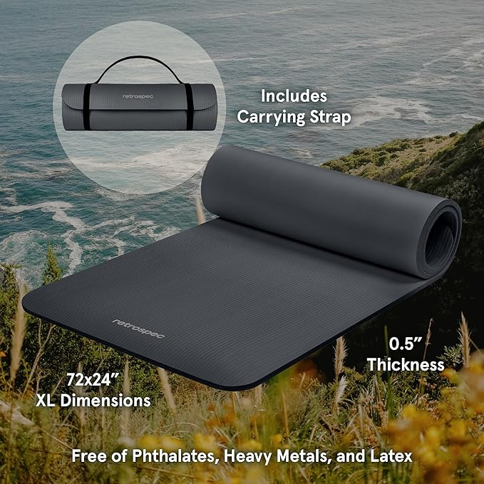 Retrospec Solana Yoga Mat 1/2" Thick w/Nylon Strap for Men & Women - Non Slip Exercise Mat for Yoga, Pilates, Stretching, Floor & Fitness Workouts - Bloomnest