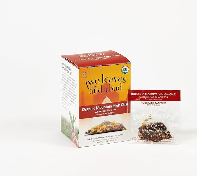 Two Leaves and a Bud Organic Mountain High Chai Tea Bags, Whole Leaf Black Tea and Spices in Compostable Sachets,15 Count (Pack of 1) - Bloomnest