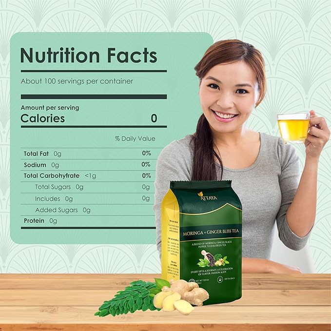Attaya Moringa Ginger Bliss Tea – 35 Pyramid Bags | Antioxidant Superblend for Energy, Metabolism & Immunity | Moringa • Ginger • Tulsi • Black Pepper • Green Tea - Bloomnest