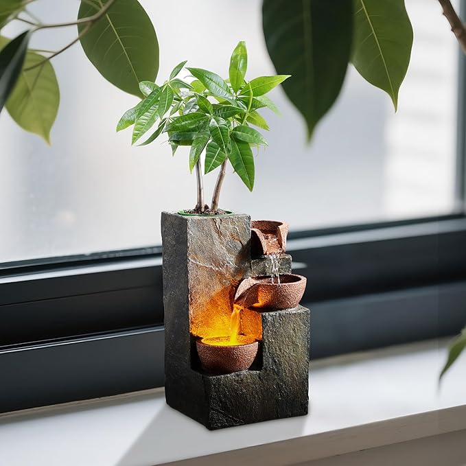 Tabletop Indoor Water Fountain – 3-Tier Rock Waterfall Fountain with Warm LED Light and DIY Planting Pot – Relaxing Small Water Feature for Desk or Home Decor (23061) - Bloomnest
