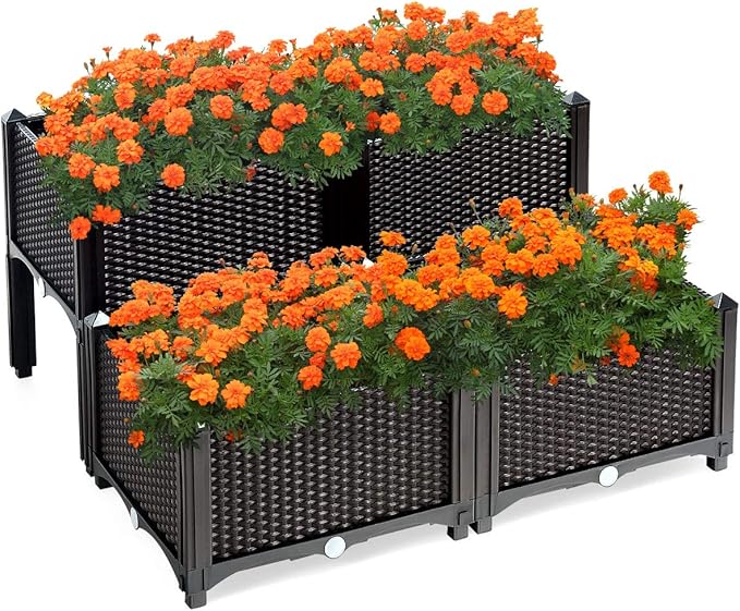 S AFSTAR Raised Garden Bed Kit, Set of 4, Elevated Planter Boxes with Self-Watering Design & Removable Legs, Outdoor Plastic Planter Box for Patio Yard Balcony Gardening, Rattan Pattern (Brown) - Bloomnest