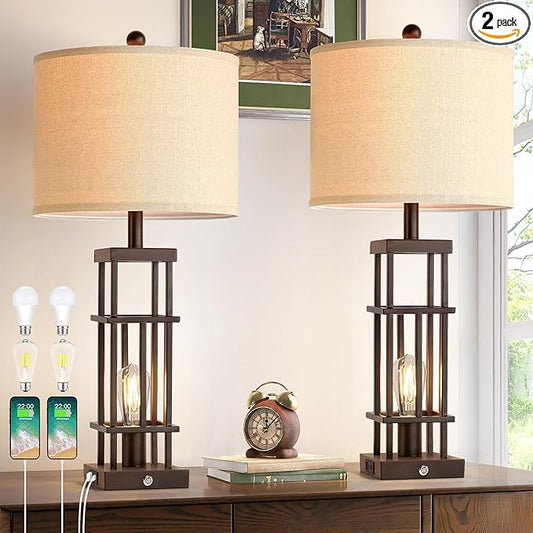 29.5" Table Lamps for Living Room Set of 2, Farmhouse Table Lamps with USB C+A Ports, Touch Control Bedside Lamps with Oil Rubbed Bronze Finish, Bulbs Included - Bloomnest