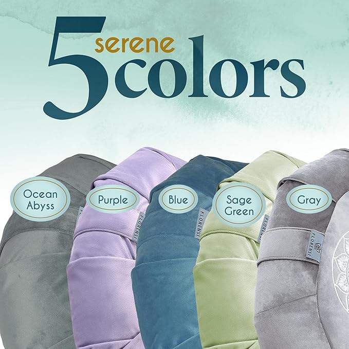 Florensi Meditation Cushion - Comfortable Floor Pillow - Traditional Crescent Meditation Pillow with Beautiful Velvet Cover - Large Floor Cushion Seating for Adults - Premium Yoga Buckwheat Bolster