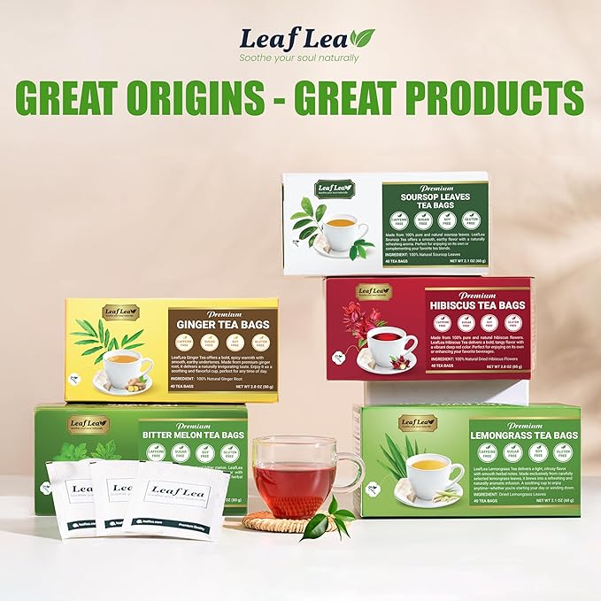 LeafLea Lemongrass Tea Bags, 40 Count, 100% Natural Lemongrass Leaves, Te Limon Grass, Te de Limoncillo Herbal Tea with Smooth Light Aroma, Sugar-Free, Caffeine-Free, Non-GMO, Vegan Friendly - Bloomnest