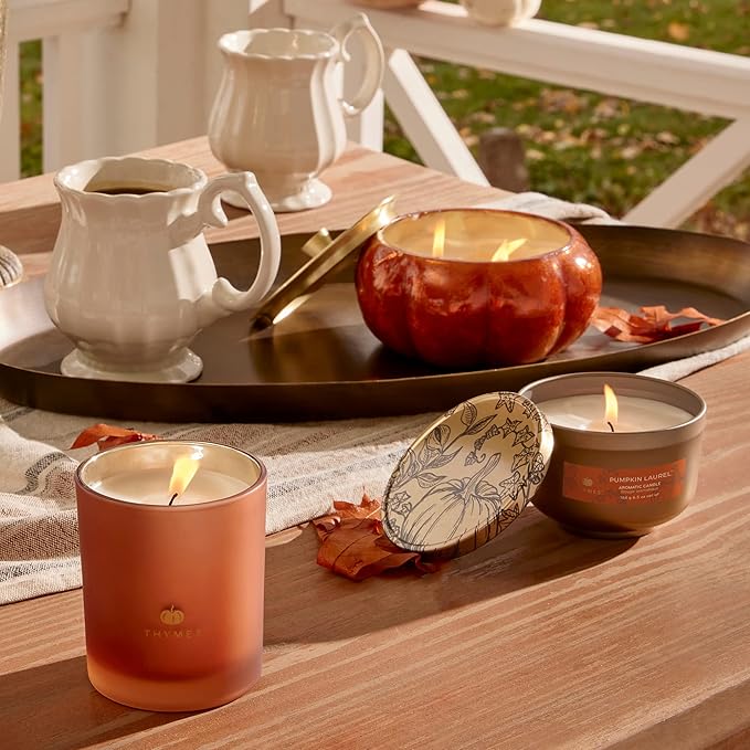 Thymes Scented Candles for Women & Men – Tin with Lid – Luxury Home Decor – Pumpkin Candles with Notes of Nutmeg, Cinnamon, Clove, & Orange Peel – Fall Decor (Pumpkin Laurel, 6.5 oz) - Bloomnest
