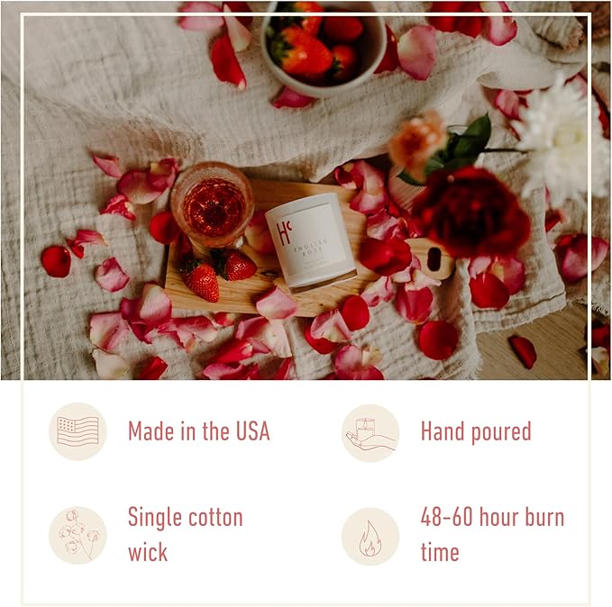 English Rose Single Wick Soy Candles, Luxury Scented Candles for Home - Up to 60 Hour Burn Time, Cruelty-Free Soy Wax Blend - Floral Rose & Jasmine Fragrance (9 oz) - Bloomnest