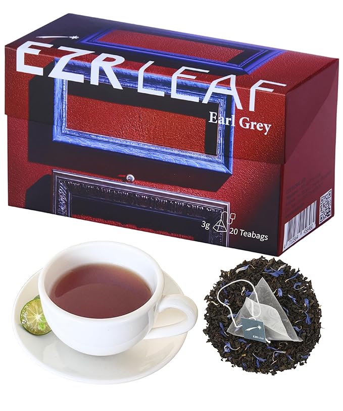ERZ Leaf Earl Grey Ceylon Black Tea Premium Whole Leaf with Bergamot & Cornflower Blend, 20 Pyramid Tea Bags 2.1 Once, Gift Box Ready, Elegant Aroma, Smooth Flavor - Bloomnest