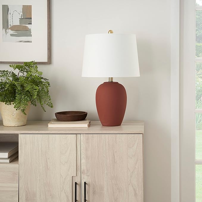 Nourison Home 23" Rust Orange Ceramic Pot Table Lamp for Bedroom, Living Room, Dining Office, with White Tapered Drum Shade - Bloomnest