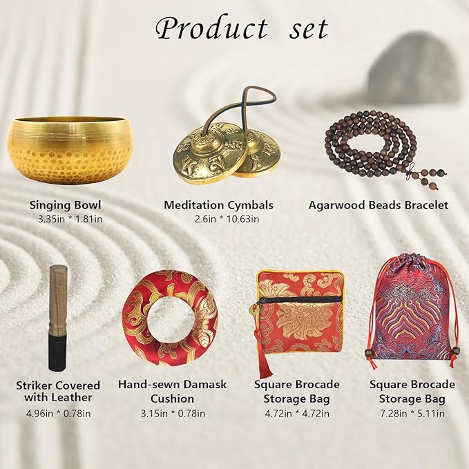Artcome 7PCS Tibetan Meditation Set - Tibetan Singing Bowl & Tibetan Tingsha Cymbals Bells Handmade in Nepal for Meditation, Yoga, Tranquility, Relaxation, Chakra Healing, Stress Relief & Mindfulness - Bloomnest