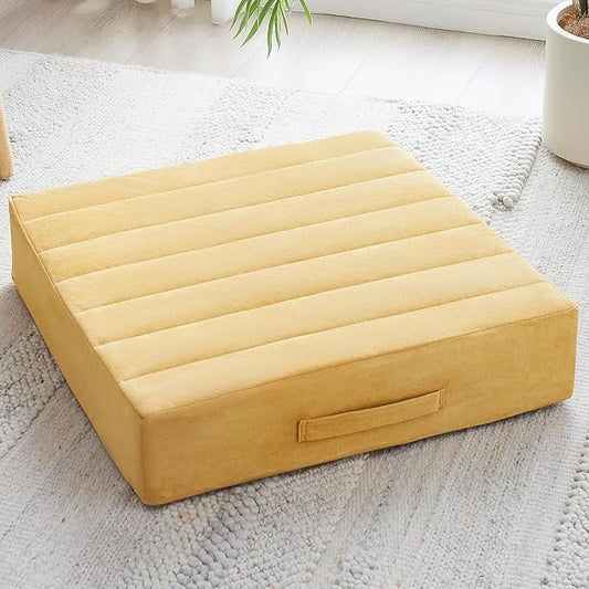 22 inches Floor Pillow for Adults - Large Meditation Cushion with Thick Foam & Soft Tufted Cover - Premium Outdoor Square Floor Cushion Seat - Yoga Pillows for Sitting On Floor - Yellow - Bloomnest