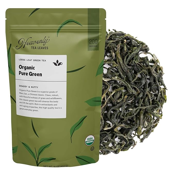 Heavenly Tea Leaves Organic Pure Green, Bulk Loose Leaf Green Tea, 1 Lb. (Approx. 200 Servings) - Delicious Hot or Iced, Naturally Caffeinated Free, Premium Quality, Wellness Support - Bloomnest