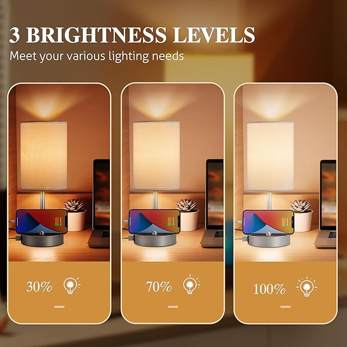 Briever Touch Control Table Lamp for Bedroom, 3-Way Dimmable Nightstand Lamp with USB Charging Ports, Bedside Desk Lamp with Silver Base Phone Stand & Linen Fabric Shade, Bulb Included - Bloomnest