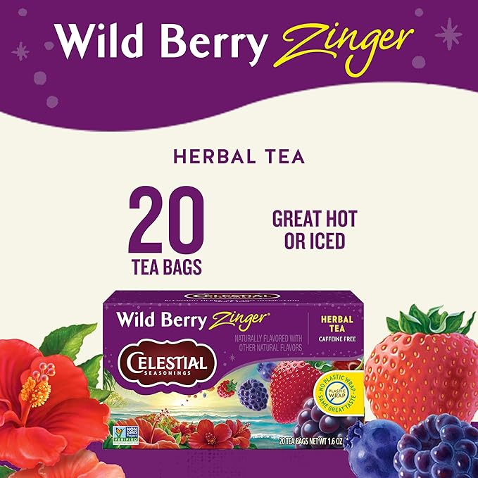Celestial Seasonings Wild Berry Zinger Herbal Tea, Caffeine Free, 20 Tea Bags Box - Bloomnest