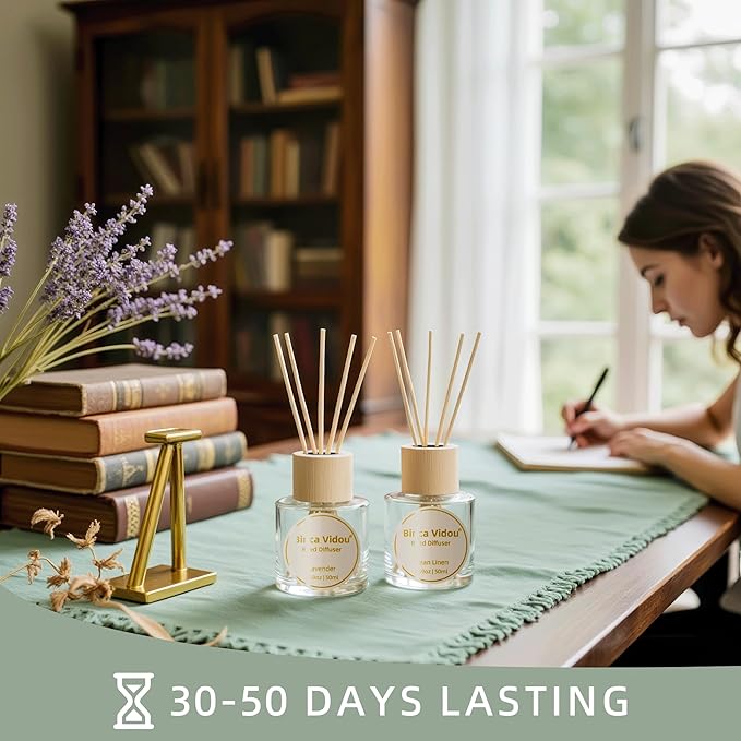 Binca Vidou Reed Diffuser Set Lavender & Linen Natural Scent Theme Oil Diffusers with Sticks for Home Office Bathroom Aromatherapy Decor 1.69oz x 2 - Bloomnest