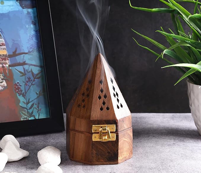 Bless-International Traditional-Handmade-Burner Wooden-Incense-Stick-Holder Ash-Catcher-Stand for-Aromatherapy-Meditation-Yoga (5 Inch Octa Temple Wooden Charcoal/Cone) - Bloomnest