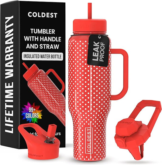 Coldest Tumbler with Handle and Straw - 100% Leak Proof Insulated Tumbler with Lid and Straw (3 Lids) - Stainless Steel Tumblers for Women & Men - Cup Holder Friendly Base, 46 oz (Red Dress) - Bloomnest