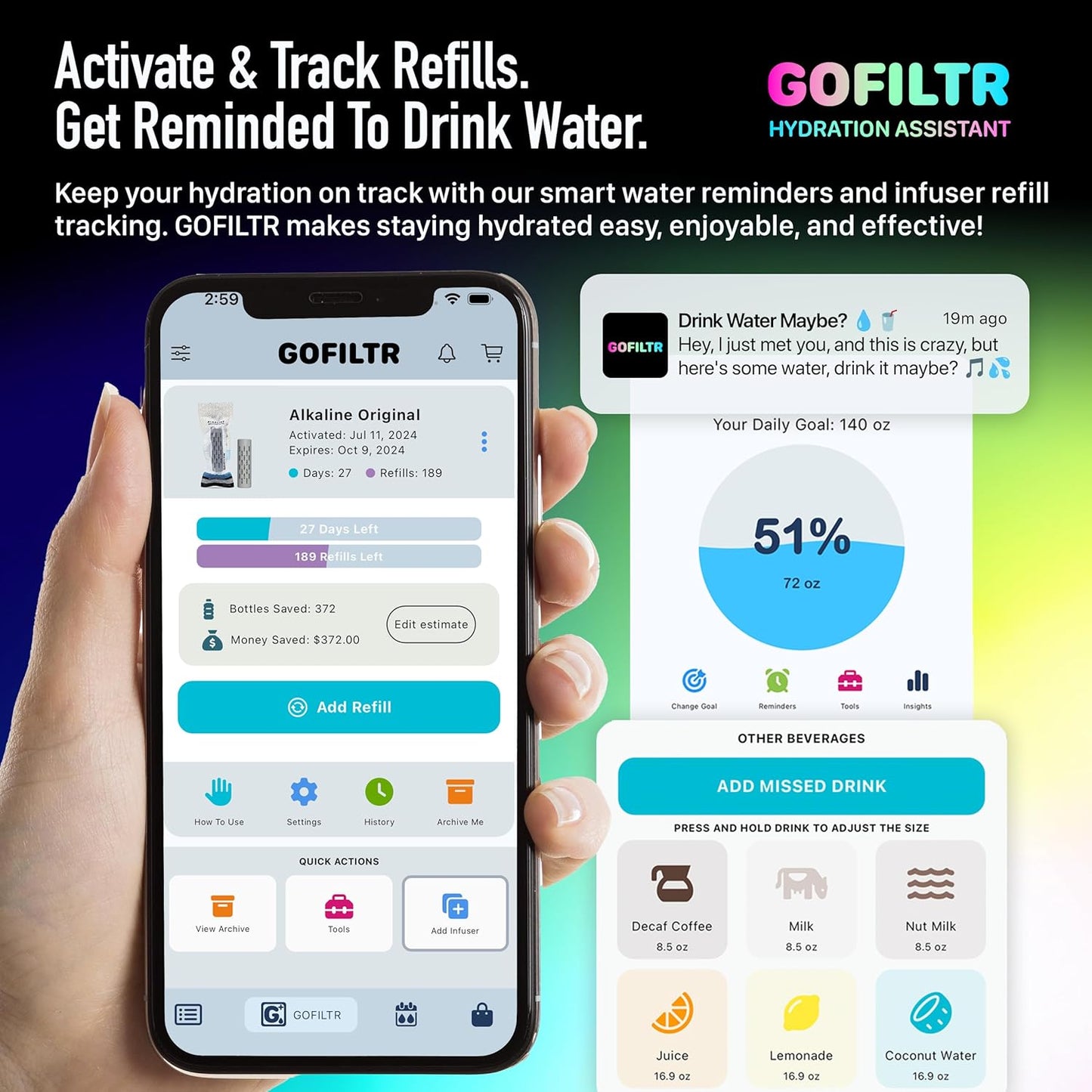 GOFILTR Alkaline Water Infuser (Original 2 Pack) 9.5 pH + Electrolytes for Any Water Bottle/Small Pitcher, 750 Refills / 3 Months, 2 Ionized Mineral Water Infusers