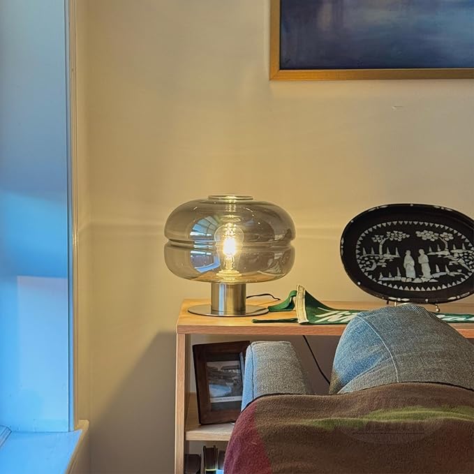Lotus Atelier Modern Table Lamp, Smoked Glass Shade, Brushed Metal Base Aesthetic Home Decor - Bloomnest