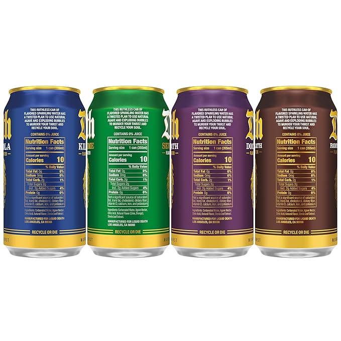Liquid Death Soda-Flavored Sparkling Water - Classic Variety, Less Sugar*, Huge Flavor, No Caffeine, No Artificial Sweeteners, 4 Flavors: Lime, Doctor Death, Cola, Root Beer, 12 Fl Oz (Pack of 12) - Bloomnest