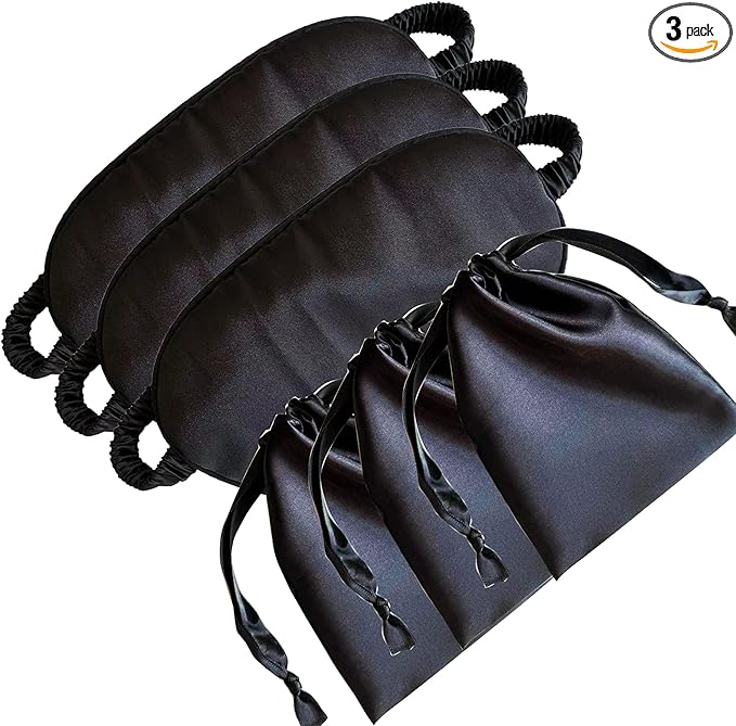 Silk Eye Mask for Sleeping - Satin Eye Cover with Silk Storage Bag Dark_Black 3Pcs Save 20% - Bloomnest
