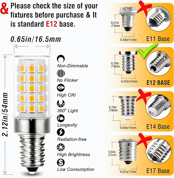 ALIDE E12 LED Candelabra Light Bulbs 6W C7,Replace E12 60 Watt Halogen Equivalent,Warm White 2700k T6 110V 120V Small Base E12 LED Bulbs for Ceiling Fan Chandelier Lighting,550lm 10Pack - Bloomnest