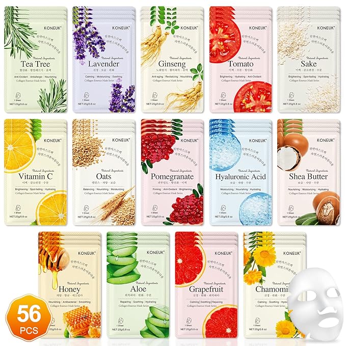56 Pack Sheet Face Masks Skincare for Women, Hydrating Face Masks Suitable for Sensitive Skin, Bulk Facial Mask Gifts Set for Skin Care, Home Skincare Spa for All Skin Types - Bloomnest
