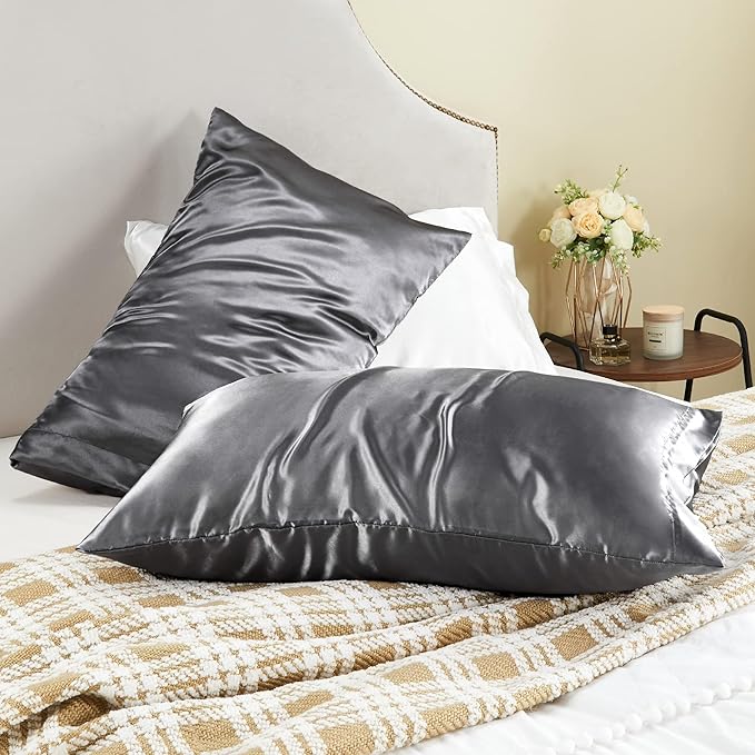 BEDELITE Satin Pillowcase for Hair and Skin, Super Soft and Cooling Similar to Silk Pillow Cases 2 Pack with Envelope Closure, Gift for Women Men(13"x18" Toddler Size, Dark Grey) - Bloomnest