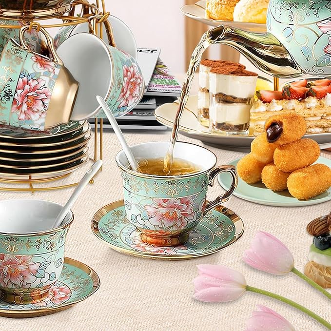 20 Pcs Porcelain Tea Set with Metal Holder, Adult Tea Set Gift, European Ceramic Tea Set for Adults, Flower Tea Cup Saucer Set for Party With Gold Flower Painting (Fresh Green) - Bloomnest