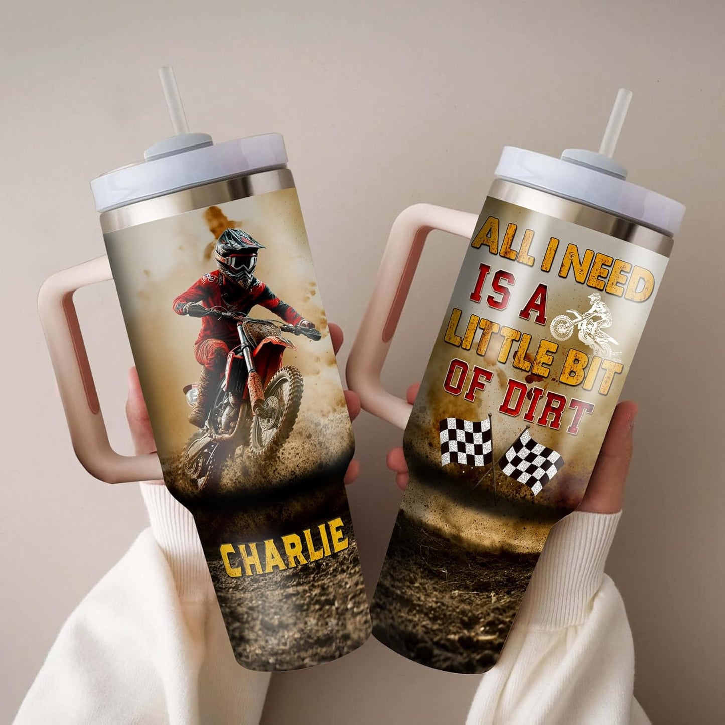 WAZONE Personalized Dirt Bike Racing Stainless Steel 40oz Tumbler with Handle and Straw Thanksgiving Birthday Christmas Fathers Day Custom Gifts For Motorcycle Boyfriends Men Dad Husband