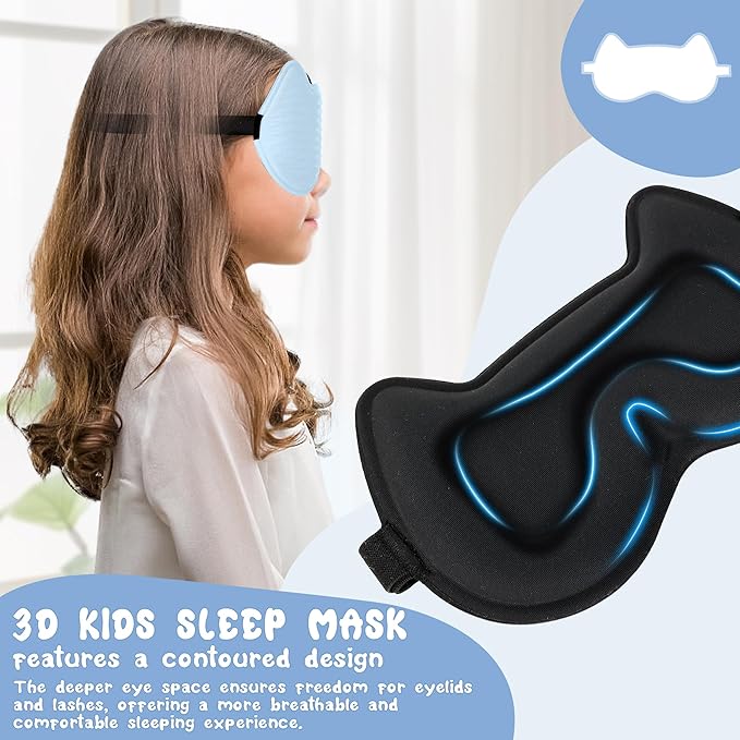 Kids Sleep Mask: 3D Contoured Cup Eye Mask, Blindfold with Adjustable Strap, Kids Eye Cover for Boys, Girls, Teens, Pressure-Free with Memory Foam Face Mask (Blue) - Bloomnest